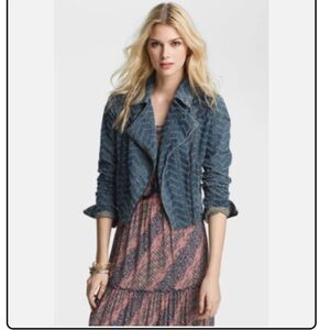 Free People Blue Jean Jacket with Chevron Pattern